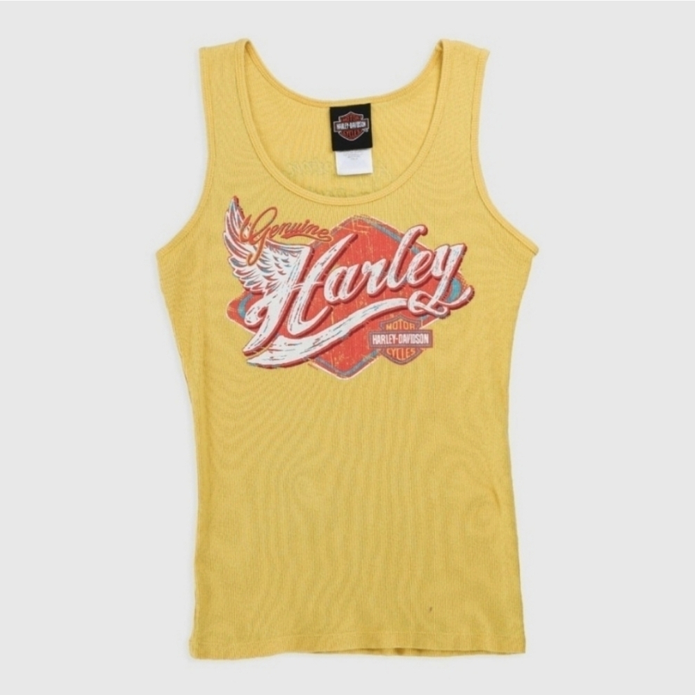 Harley Davidson Vintage Y2K Yellow Daytona Beach Wings Graphic Ribbed Tank Top